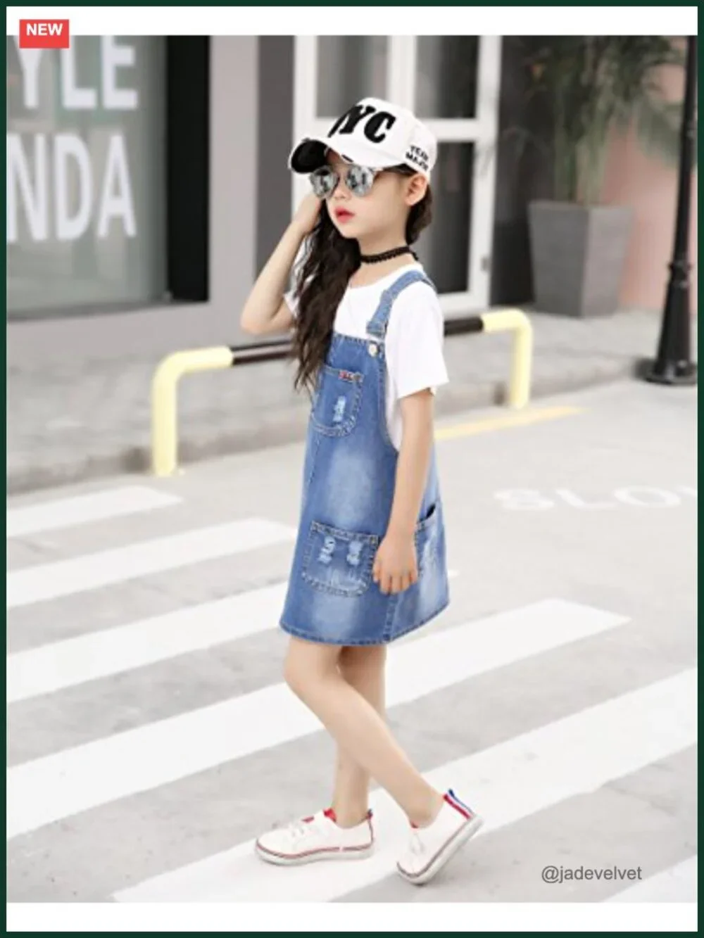 Girls Denim Overall Dress Ripped Jeans Jumper A-Line
